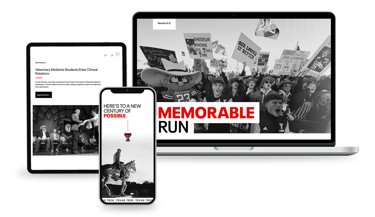 A showcase of the 2024 President's Report design in tablet, mobile, and desktop. The website features a muted black and white color palette with scarlet accents. There are large photo features and subtle decorative elements.
