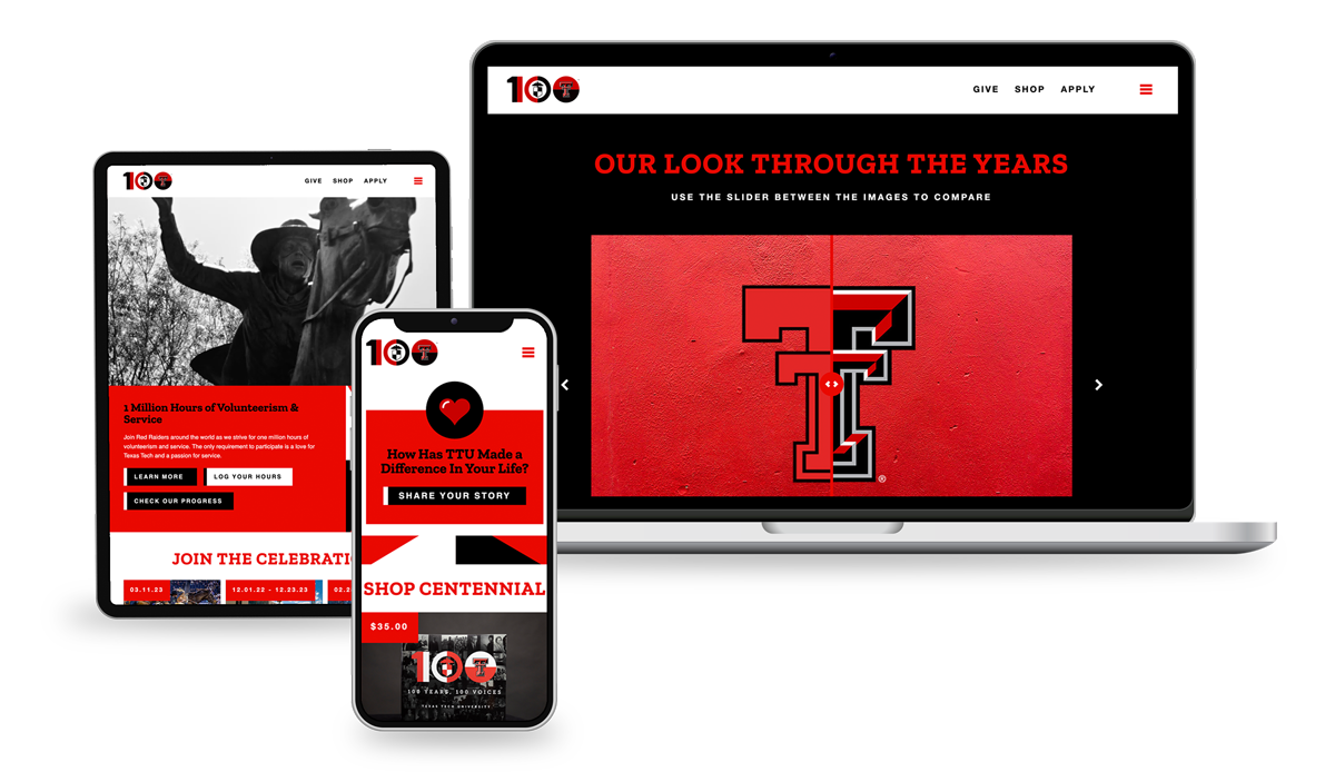 A showcase of the texas tech 100 design in tablet, mobile, and desktop. The website features striking color blocking and dynamic shapes.