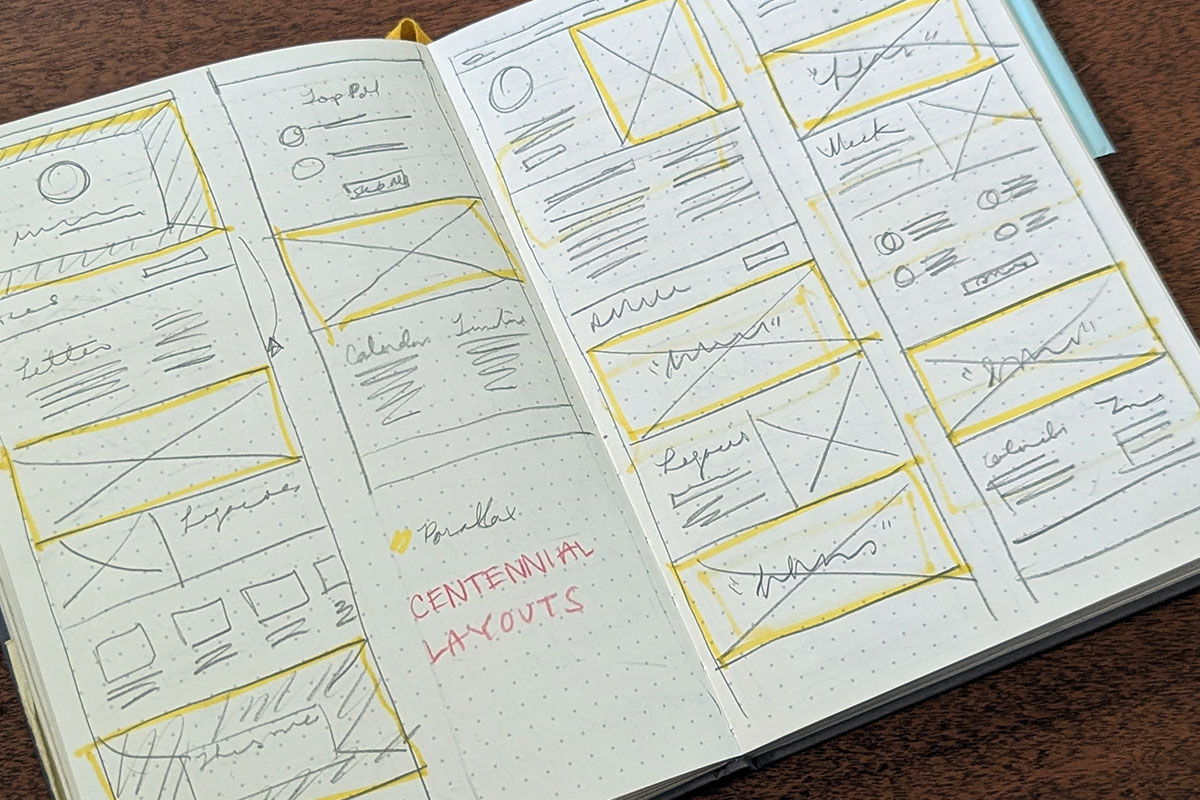 A spread of sketchy, hand-drawn wireframes.