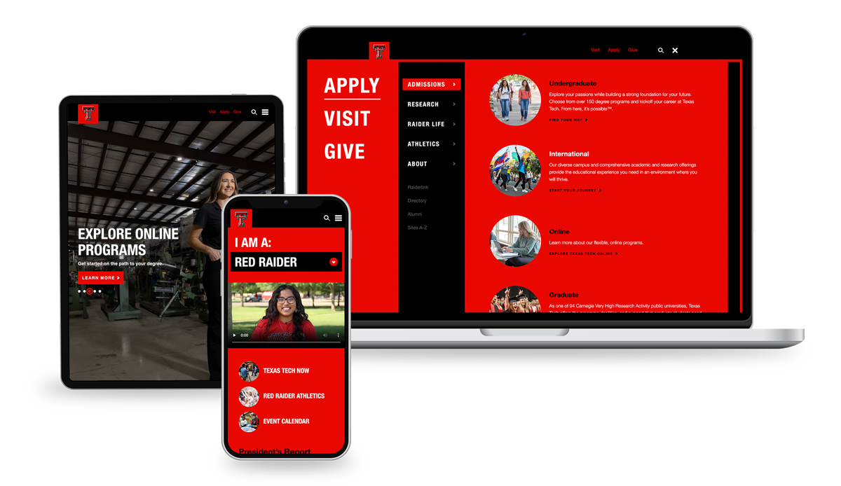 A showcase of the Texas Tech homepage design in tablet, mobile, and desktop. The website is bold and uses strong typography, photos, and a black and red colorway.