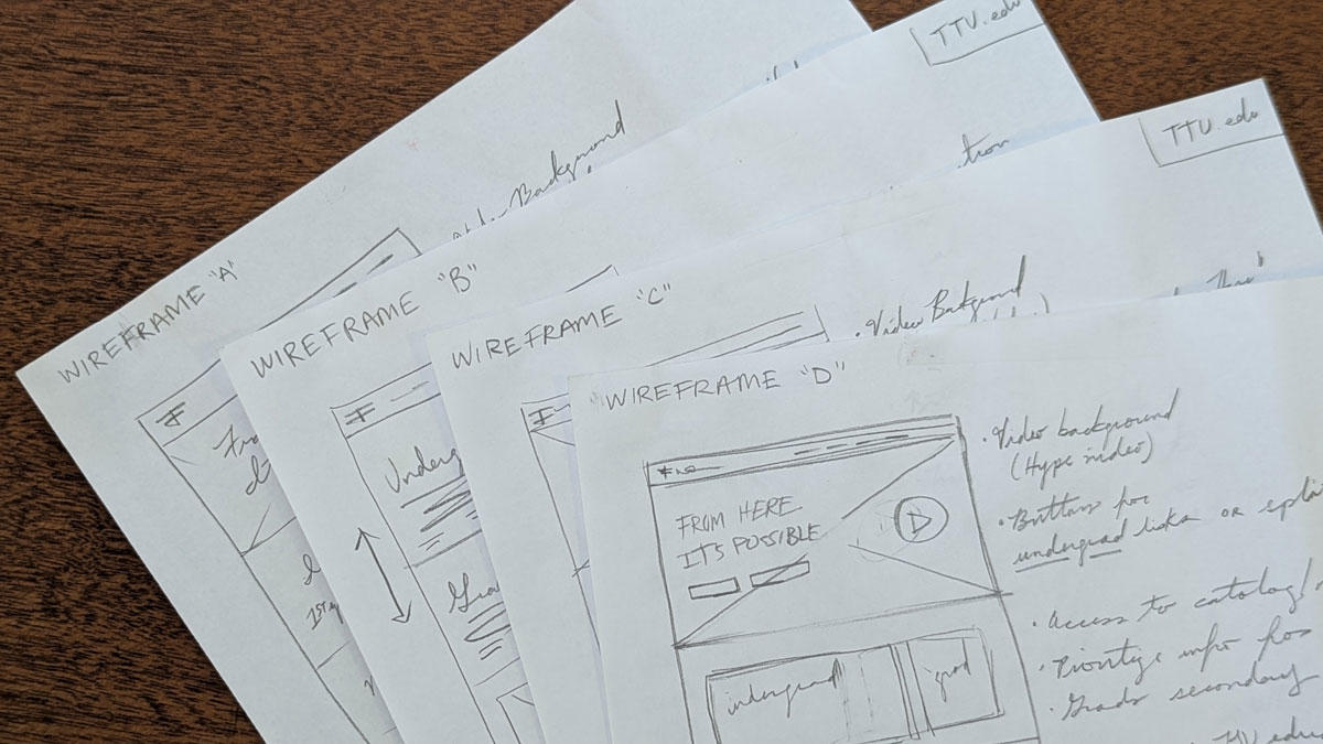 Hand-drawn wireframes listed from A to D.