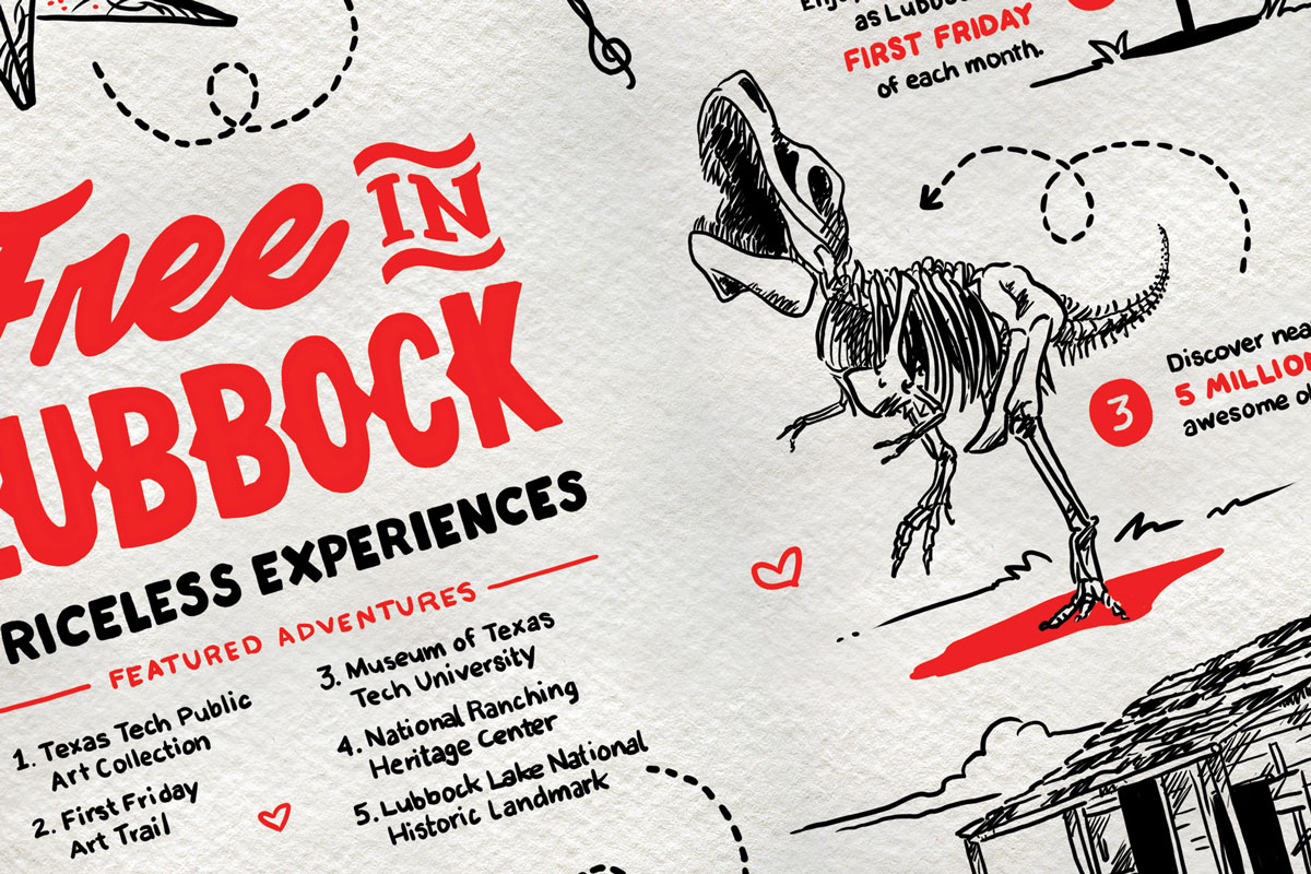 A closeup of an illustrative spread. It feaures hand-drawn typography and an illustration of a T-rex skeleton.