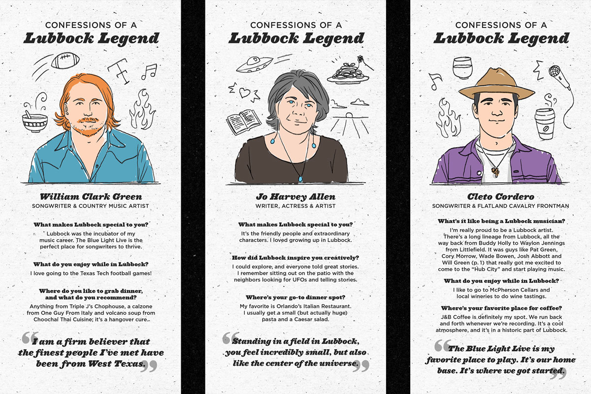Multiple spreads highlighting confessions of Lubbock legends. These feature William Clark Green, Jo Harvey Allen, and Cleto Cordero.